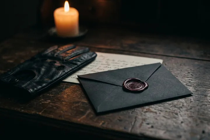Lettre cachetée à la cire posée sur un bureau en bois sombre, à côté d'un gant de cuir noir, à la lueur d'une bougie